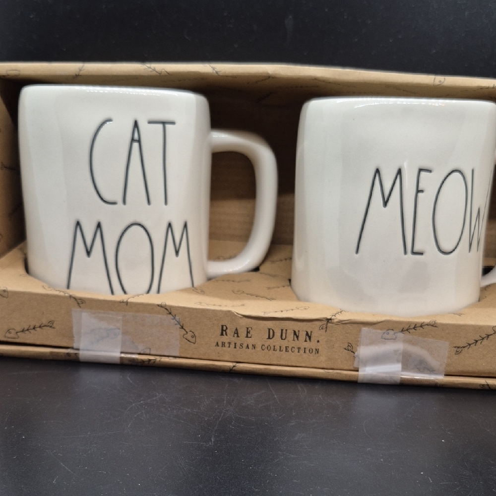 Rae Dunn /"Cat Mom" & "Meow" Coffee or Tea Cups  3 Inches Across/4.5 Inches High